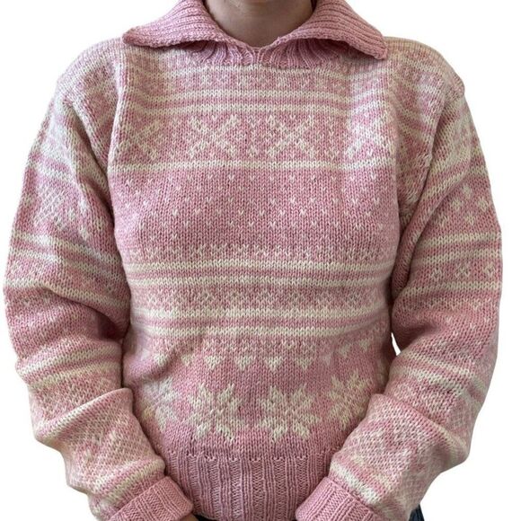 Vintage Carroll Reed Wool Pink Snowflake Valentines Day Collared Chunky Sweater - Picture 1 of 7